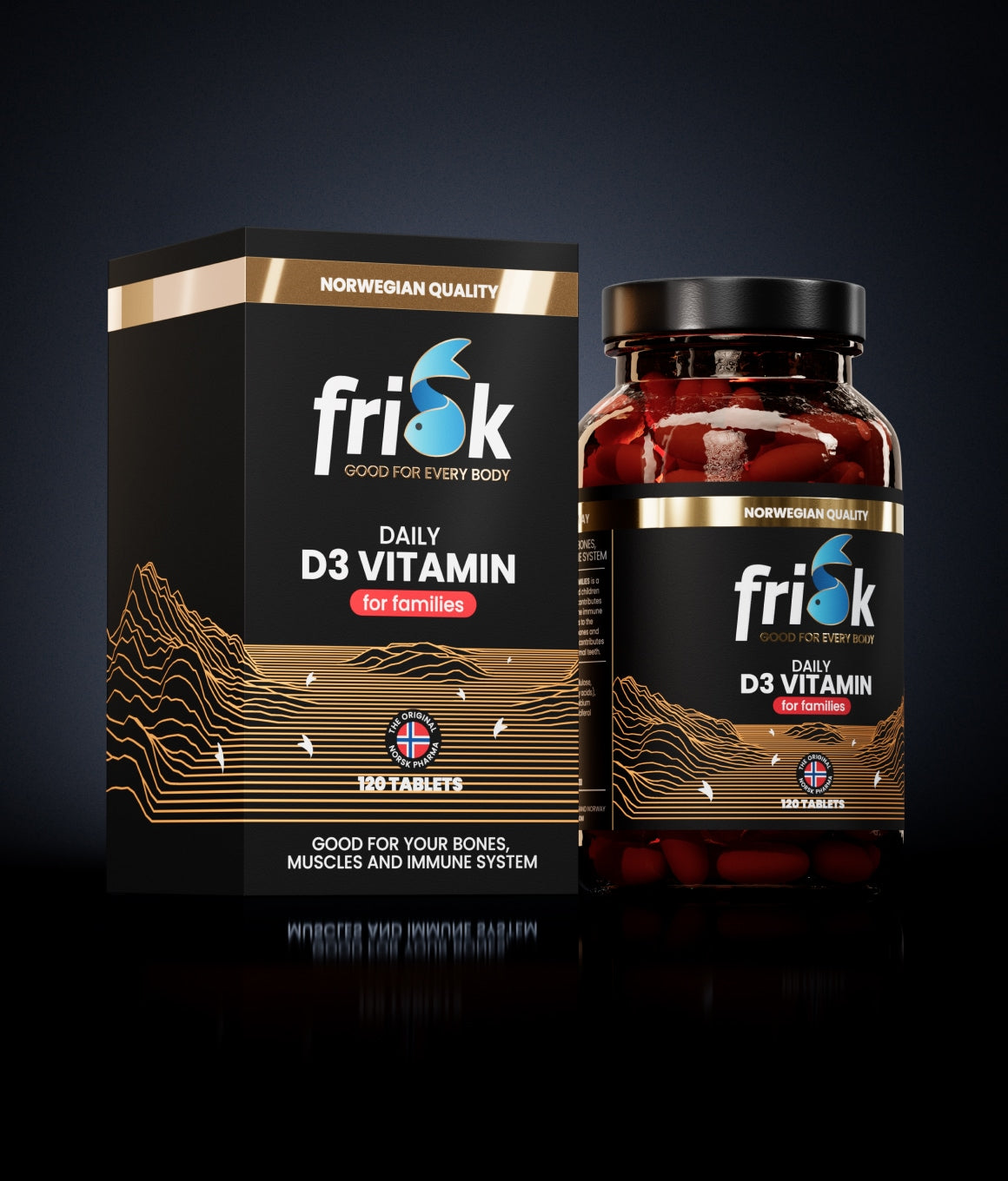 D vitamin tilskudd, produsert i Norge. For voksne og barn over 11 år.